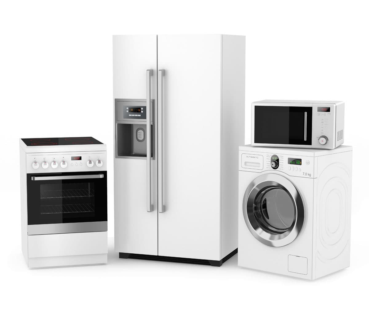 Herd, Kühlschrank, Waschmaschine und Mikrowelle nebeneinander.